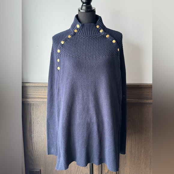 G.I.L.I. Sweaters - G.I.L.I. Navy Blue Turtleneck Sweater cape poncho with Gold Buttons L/XL NWOT